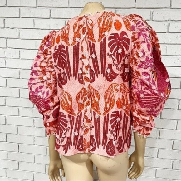 FARM Rio “Ainika Macaws” Puff-Sleeve Cotton Blouse • Size XL • Tropical Print - Picture 13 of 16
